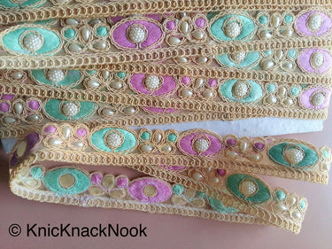 Gold Sheer Net Trim, Beige, Purple And Green / Pink Embroidery With FlatBack White Beads Embellishments